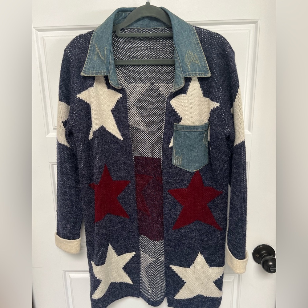 Star Patterned Cardigan with Denim Accents